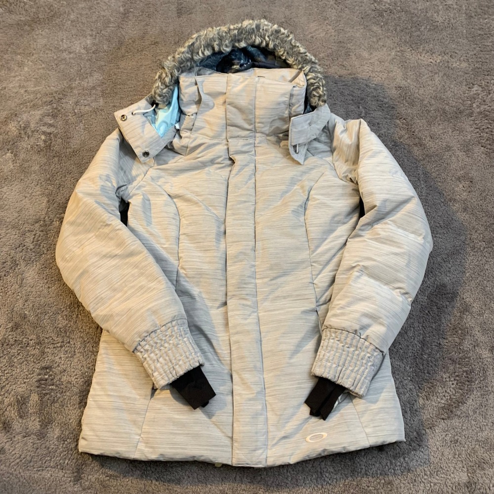 Oakley Down Fit Women Gray Space Dye Hooded Ski Snowboard Jacket Puffer Medium